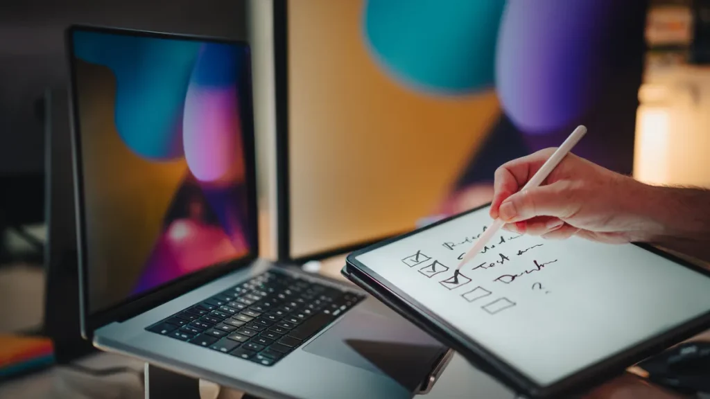 Hand drawing a checklist on a tablet beside a laptop